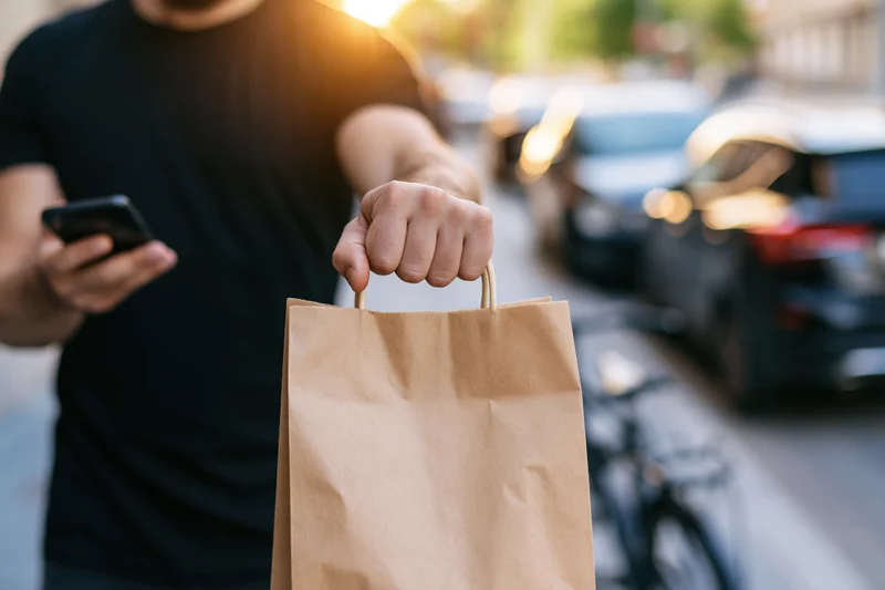 Male courier holding out a paper takeout bag on a city sidewalk while checking his smartphone