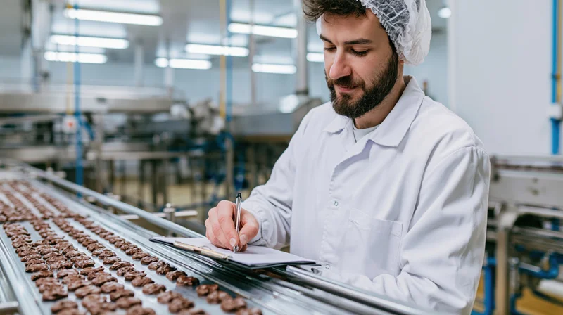 Man in lab coat writing on clipboard beside chocolate conveyor belt in factory