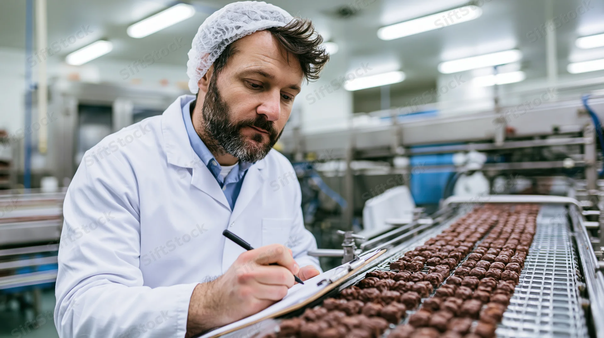 Man in lab coat writing on clipboard while inspecting chocolate candies on conveyor belt in factory