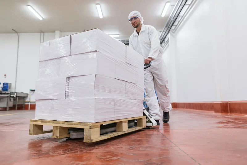 Male worker in white hygiene suit pushing pallet with wrapped boxes in food factory warehouse