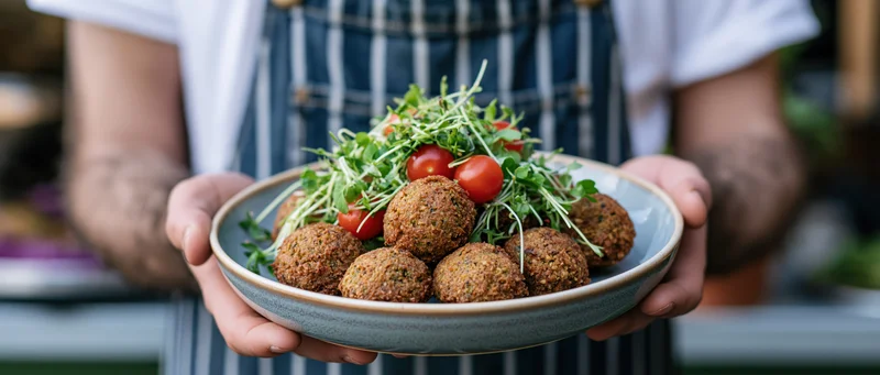 Man in denim apron holding ceramic plate with meatballs and fresh vegetables