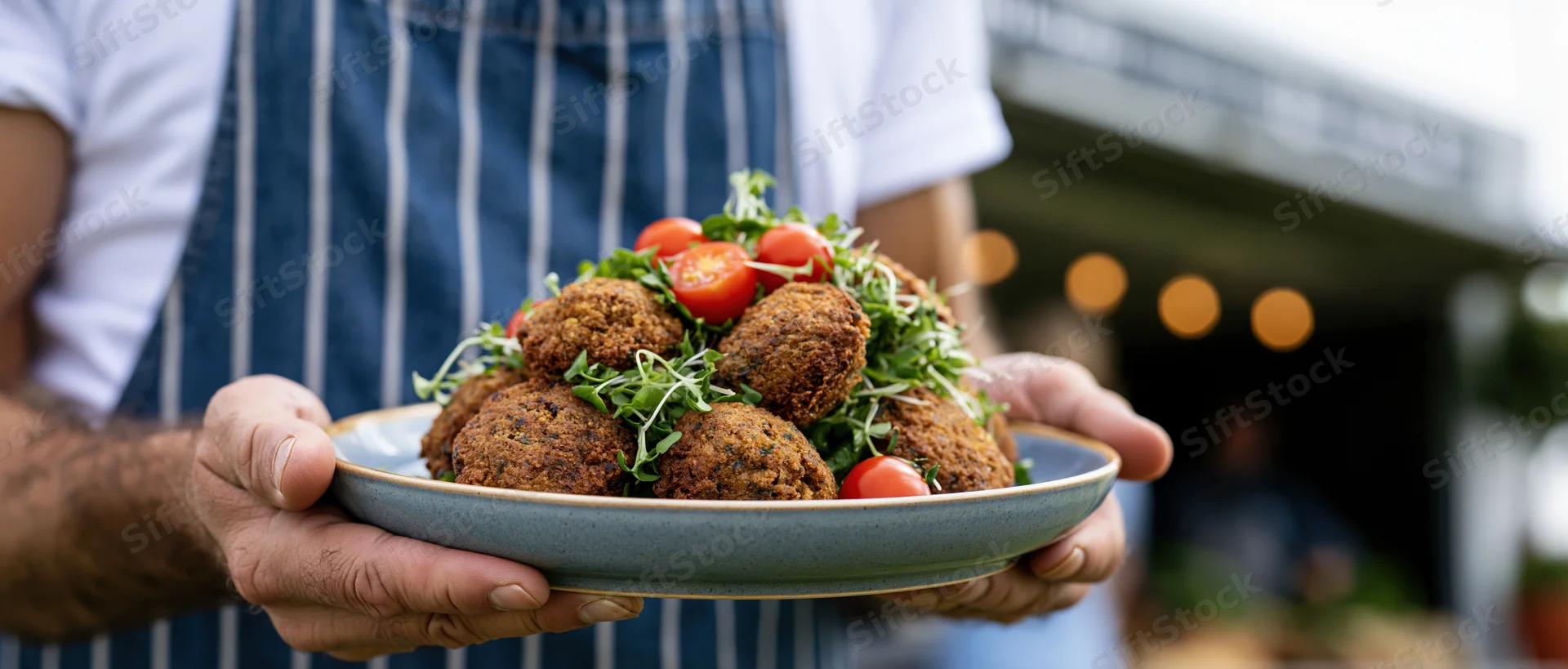 Man in denim apron holding ceramic plate piled with falafel balls and garnish outdoors