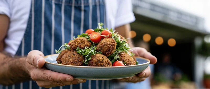 Man in denim apron holding ceramic plate piled with falafel balls and garnish outdoors
