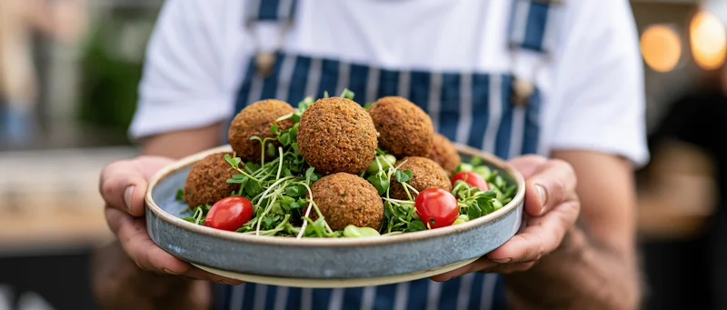Man in denim apron holding ceramic plate with falafel and vegetables