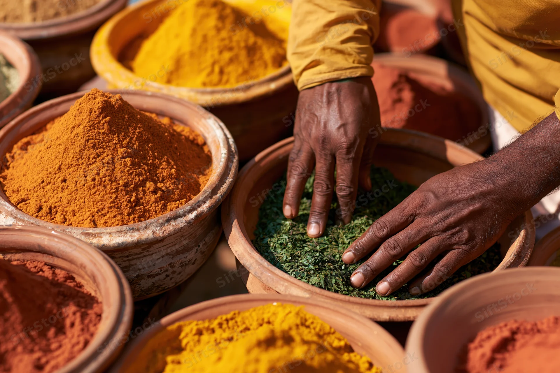 Man arranging dried herbs and spices in clay bowls at outdoor market