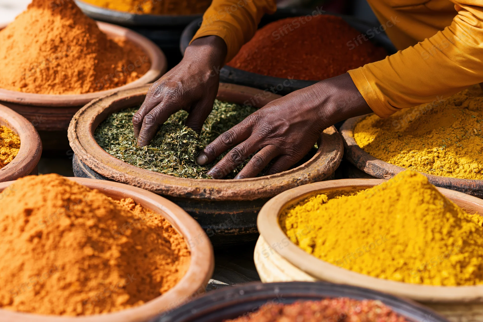 Vendor arranging dried herbs and spices in clay bowls at a market stall