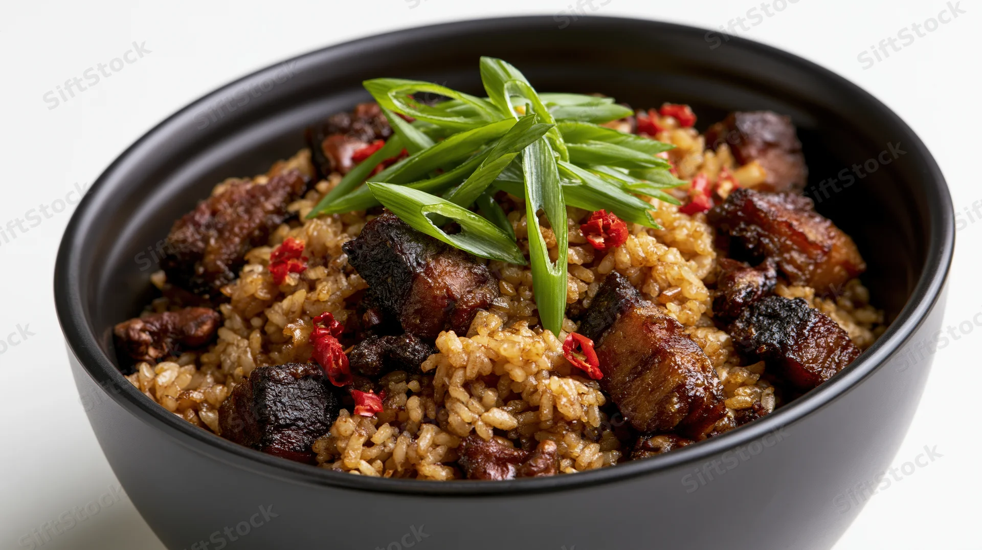 Fried rice with pork chunks and green onions in a black ceramic bowl