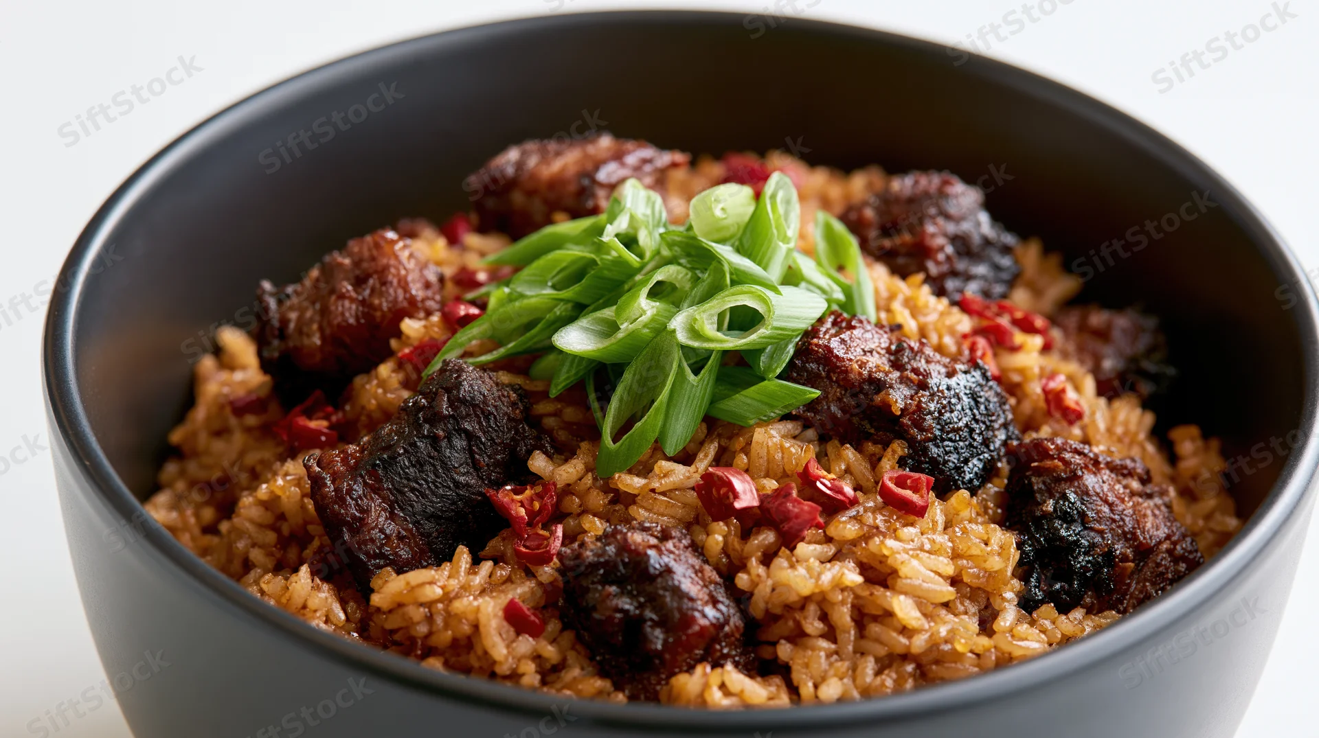 Fried rice with pork chunks and green onions in a matte black ceramic bowl