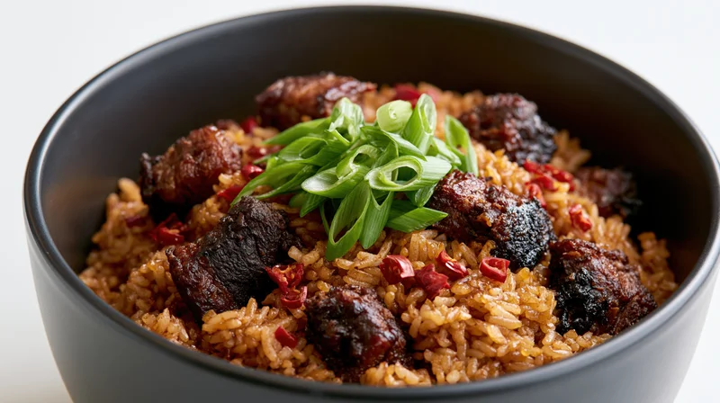 Fried rice with pork chunks and green onions in a matte black ceramic bowl