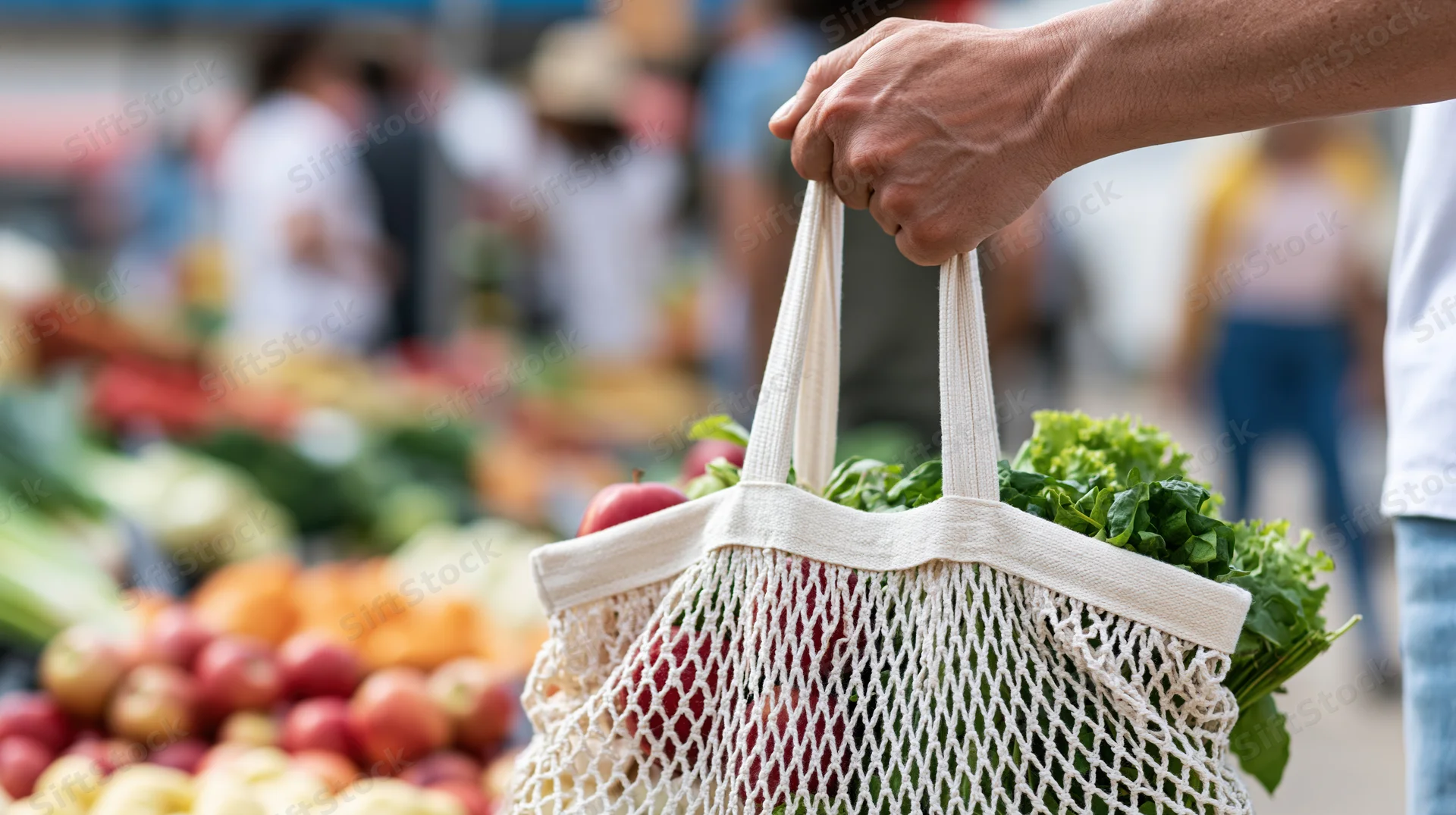Hand holding a reusable mesh bag filled with fresh vegetables at an outdoor market