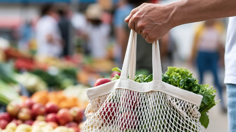 Hand holding a reusable mesh bag filled with fresh vegetables at an outdoor market