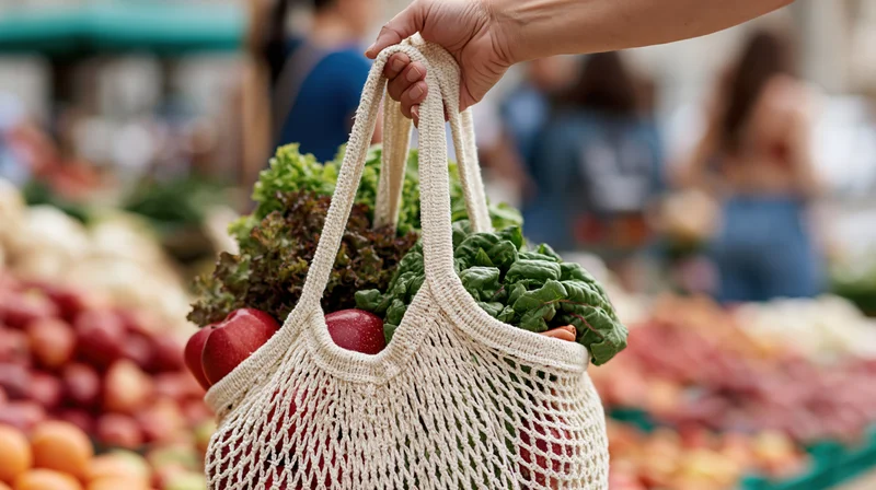 Hand holding a reusable cotton mesh bag filled with fresh produce at an outdoor market