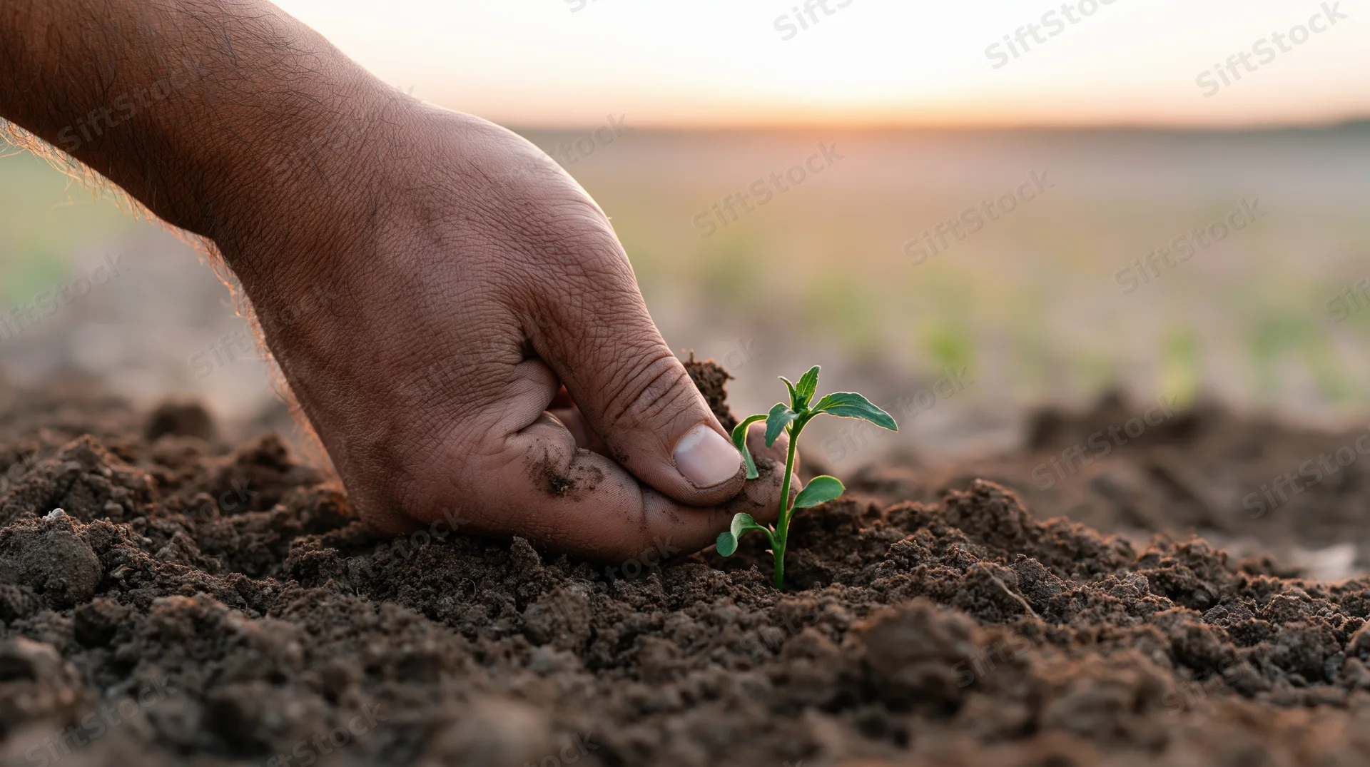 Hand pressing a small green seedling into dark soil in a field at sunset
