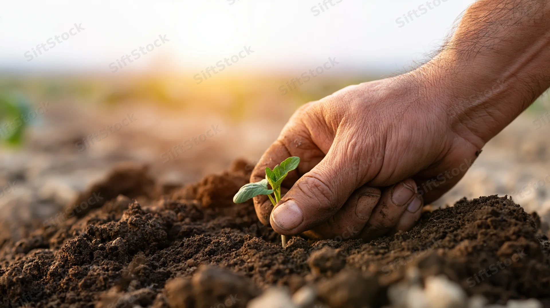 Hand planting a small green seedling into dark soil in a field at sunrise