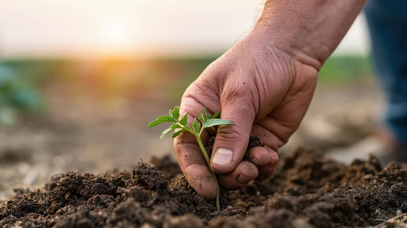 Hand planting a small green seedling in dark soil at sunset in a field