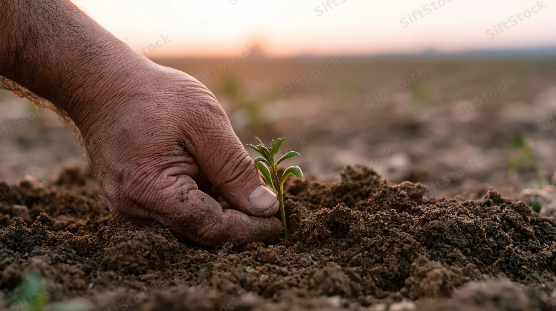 A hand pressing a small green seedling into dark soil in a field at sunset