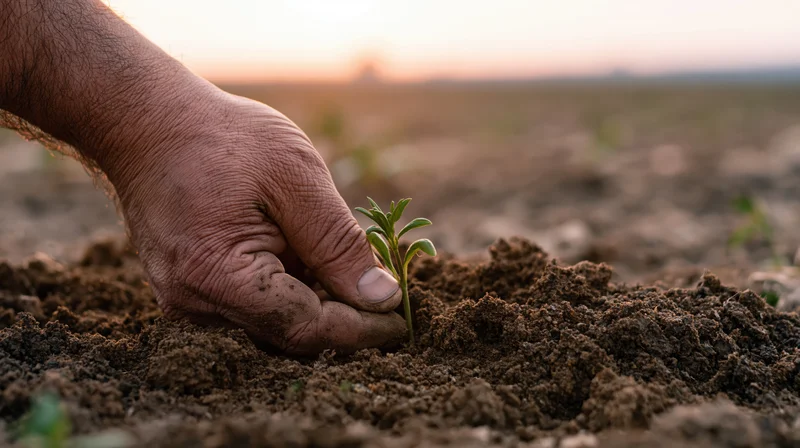 A hand pressing a small green seedling into dark soil in a field at sunset