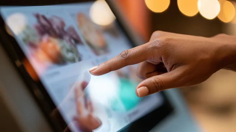 Hand tapping a touchscreen self-service kiosk in a restaurant setting