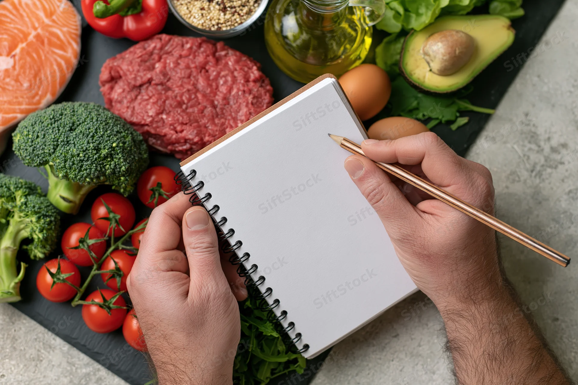 Hands holding open blank spiral notebook with pencil over array of fresh food ingredients on slate board