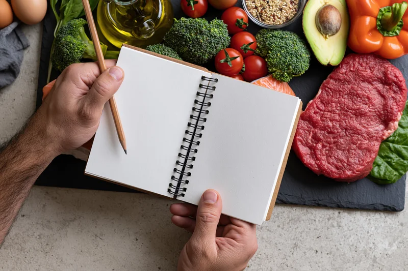 Hands holding open blank spiral notebook over fresh vegetables and proteins on slate board