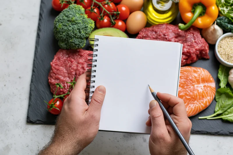 Hands holding open blank notebook with pencil over slate tray of fresh food ingredients