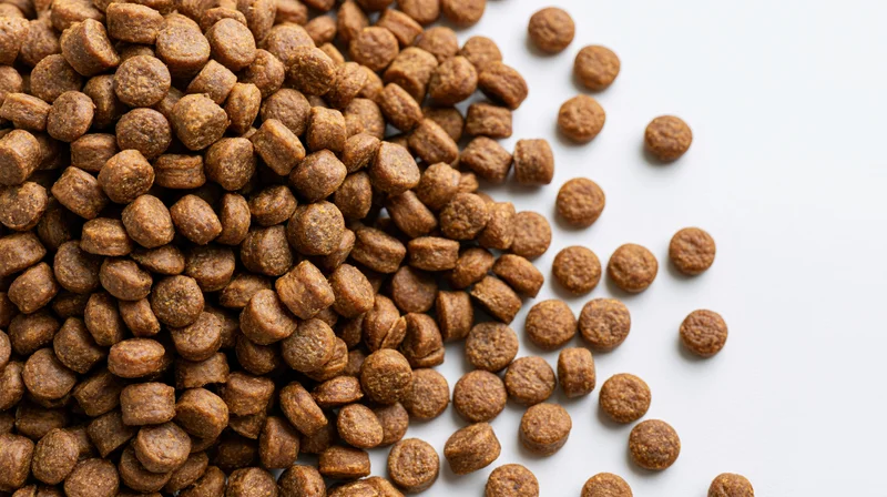 Dry pet food kibble scattered across a white surface with copyspace on the right