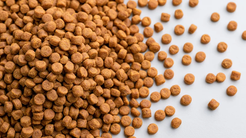 Dry pet food kibble scattered across a white surface with copyspace on the right