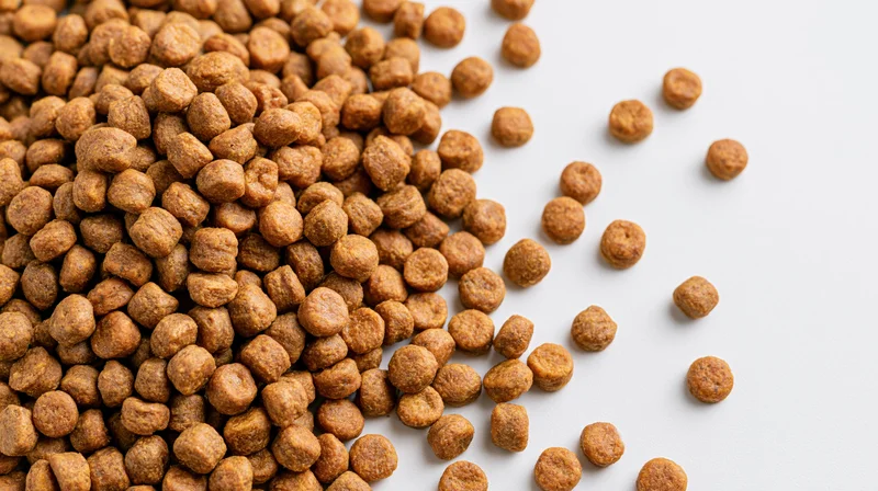 Dry pet food kibble scattered across a white surface with copyspace on the right