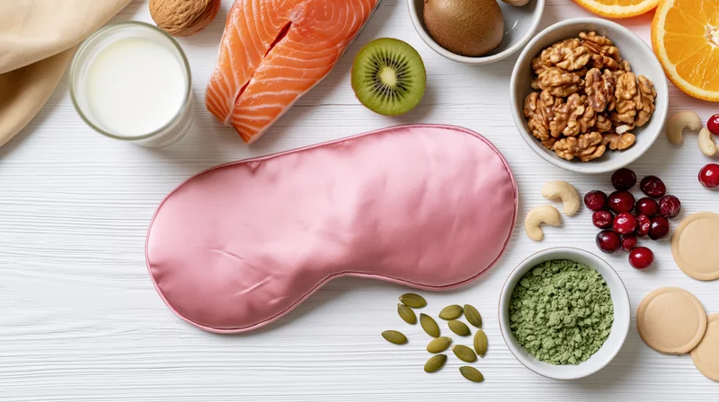 Pink satin sleep mask on white wooden table surrounded by healthy foods including salmon, milk, kiwi, orange, walnuts, cranberries, cashews, pumpkin seeds, matcha powder, and macaroons in a flat lay arrangement