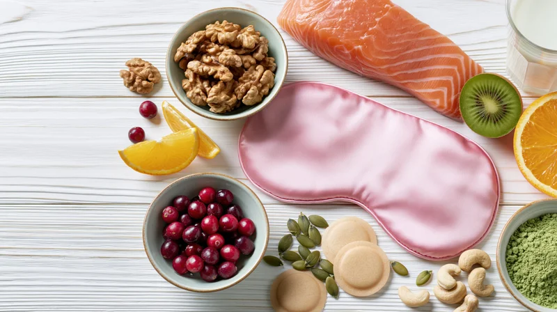 Pink satin sleep mask on white wooden table surrounded by salmon, walnuts, cranberries, orange, kiwi, milk, matcha, pumpkin seeds, cashews, and almonds