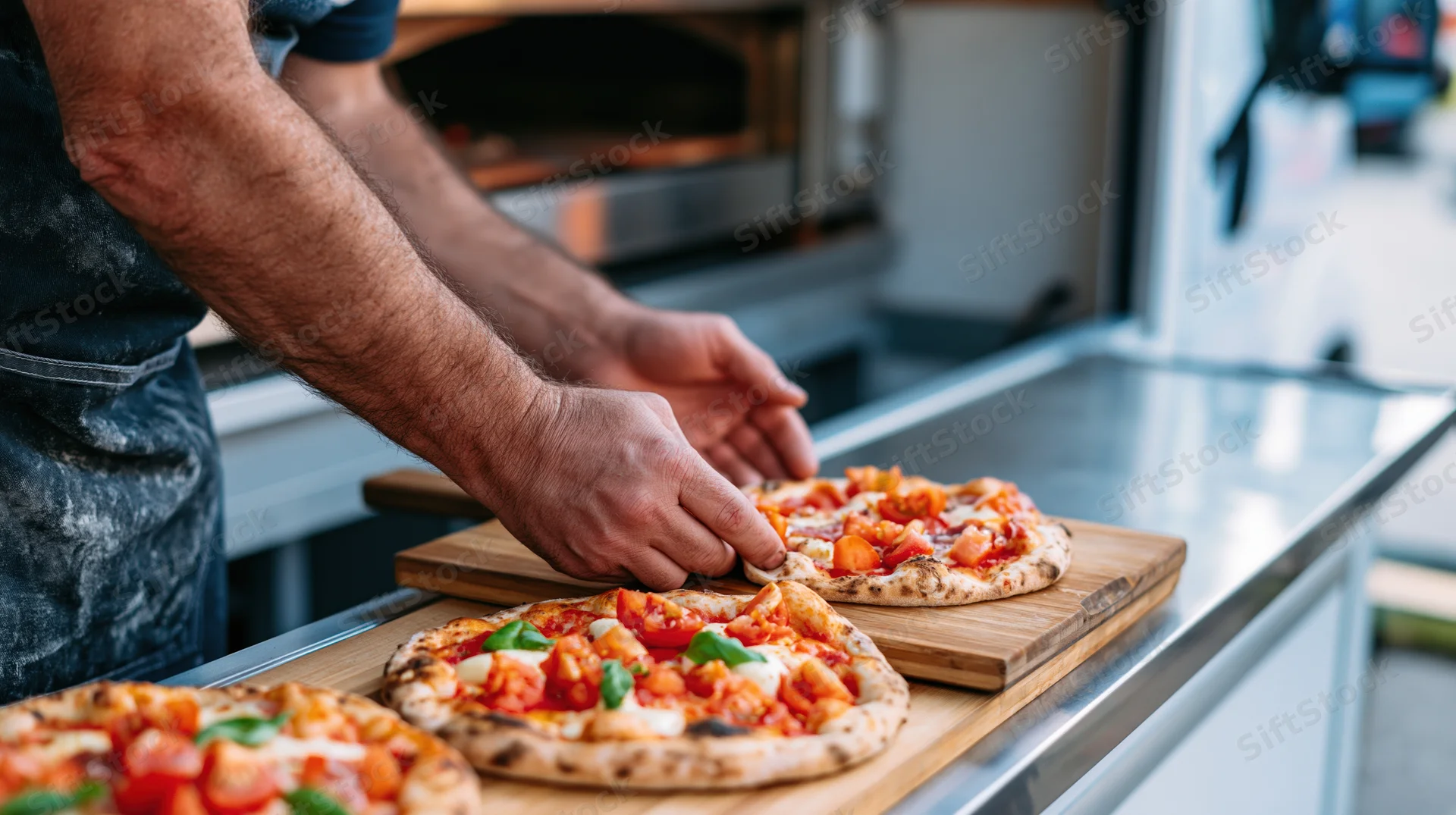 Chef placing freshly topped margherita pizzas on wooden boards in a commercial kitchen
