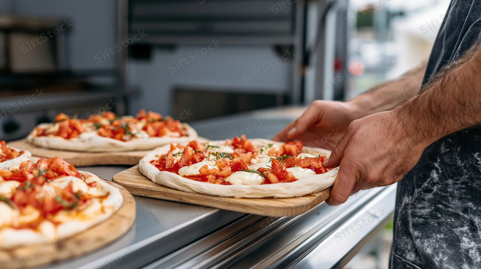 Chef placing freshly topped margherita pizza on wooden tray in commercial kitchen