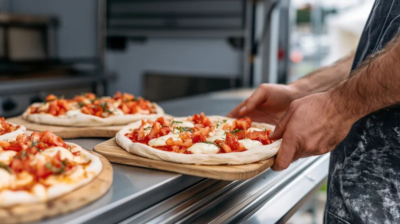 Chef placing freshly topped margherita pizza on wooden tray in commercial kitchen