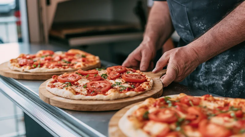 Chef placing freshly topped margherita pizzas on wooden trays in restaurant kitchen