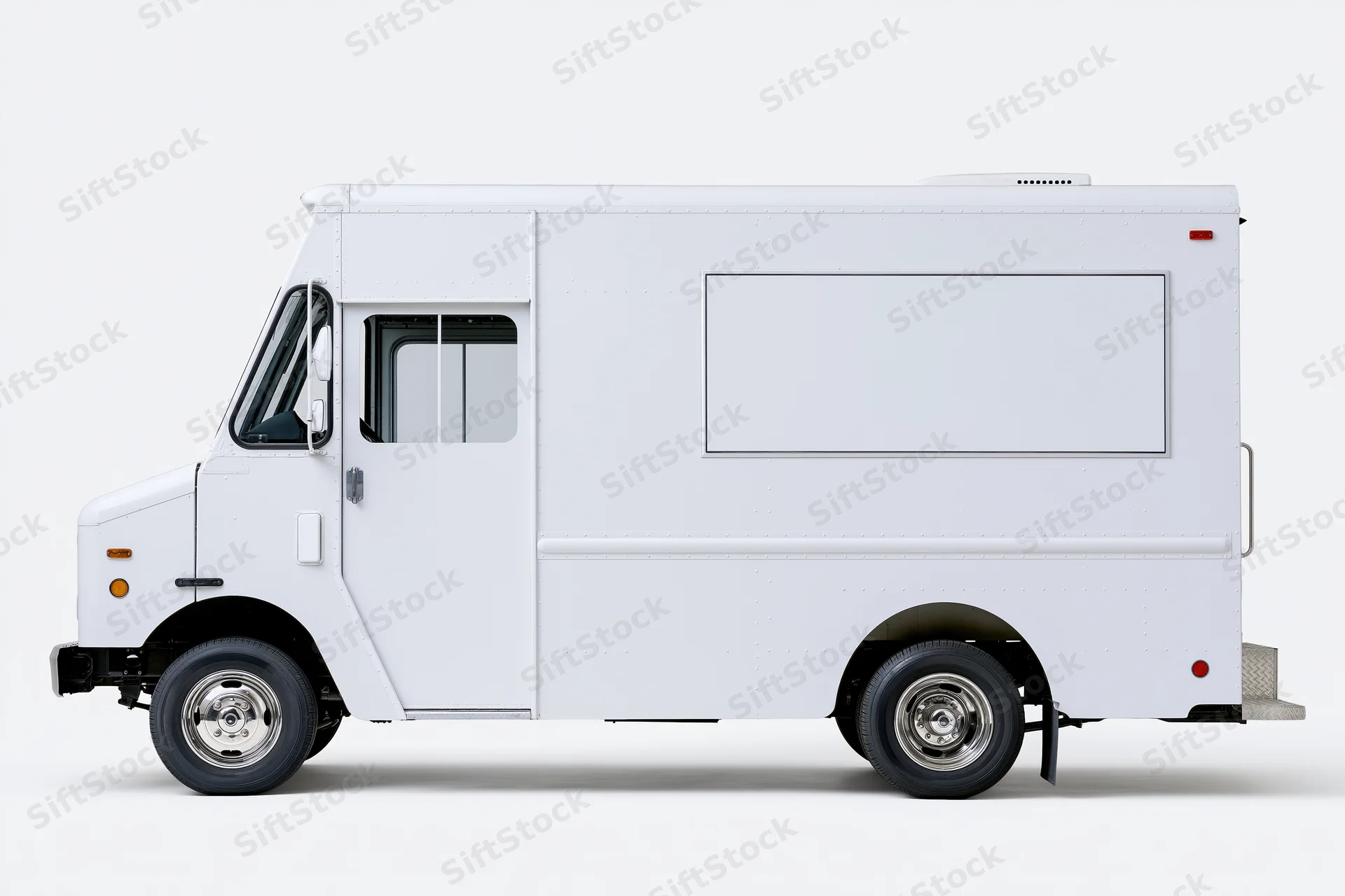 White food truck in side profile view with blank rectangular menu board on plain background