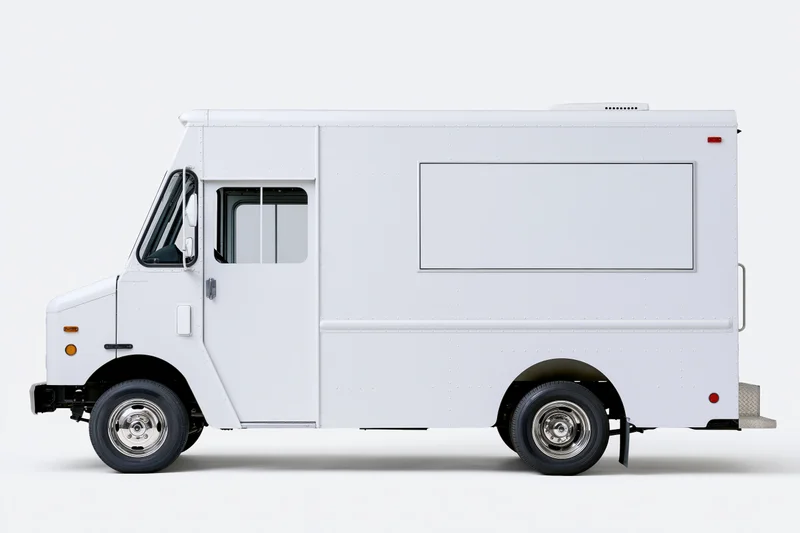 White food truck in side profile view with blank rectangular menu board on plain background