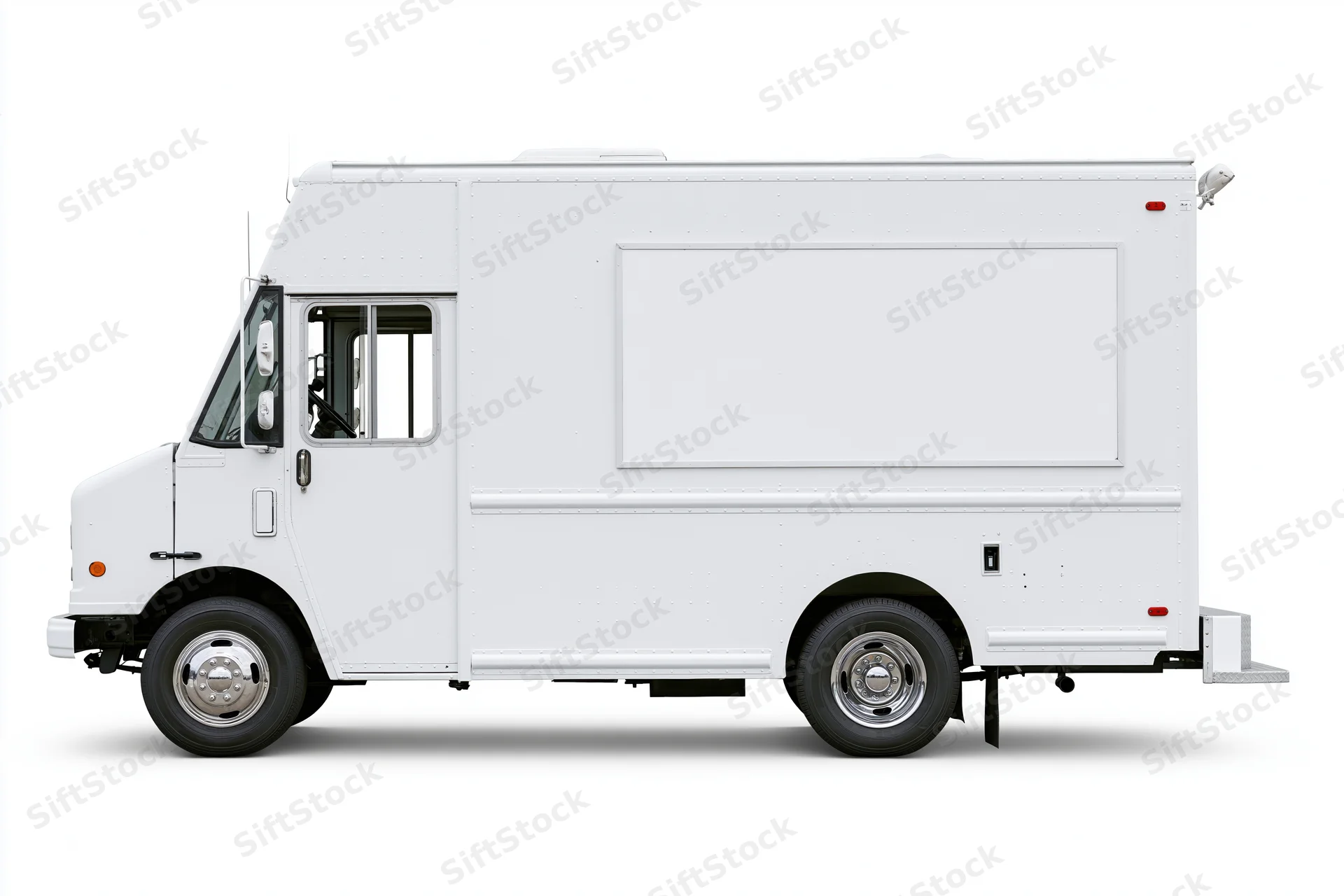 White food truck with blank rectangular menu panel on side, isolated on white background