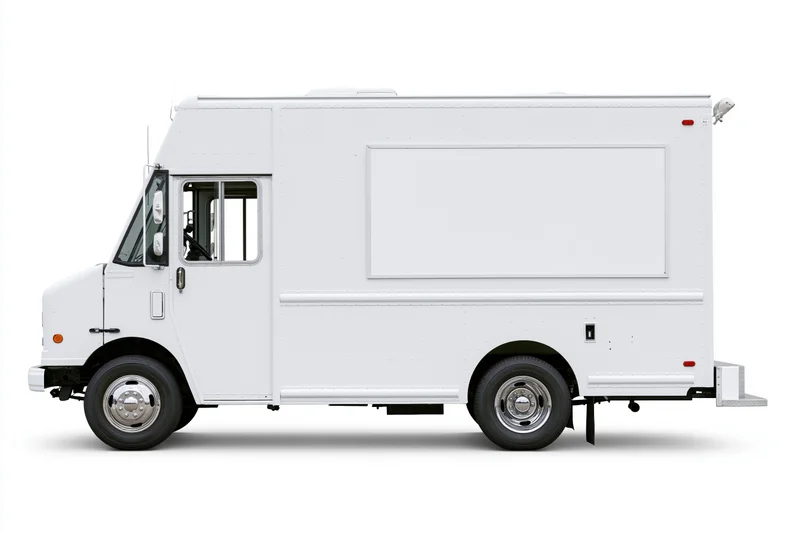 White food truck with blank rectangular menu panel on side, isolated on white background