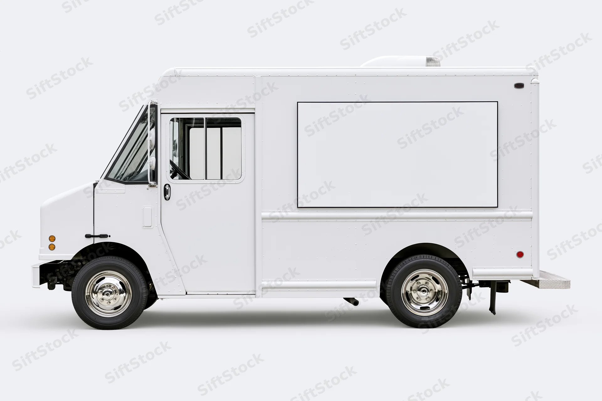 White food truck with blank rectangular menu board on side, isolated on white background