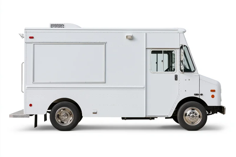 White food truck with blank rectangular menu board on side, isolated on white background