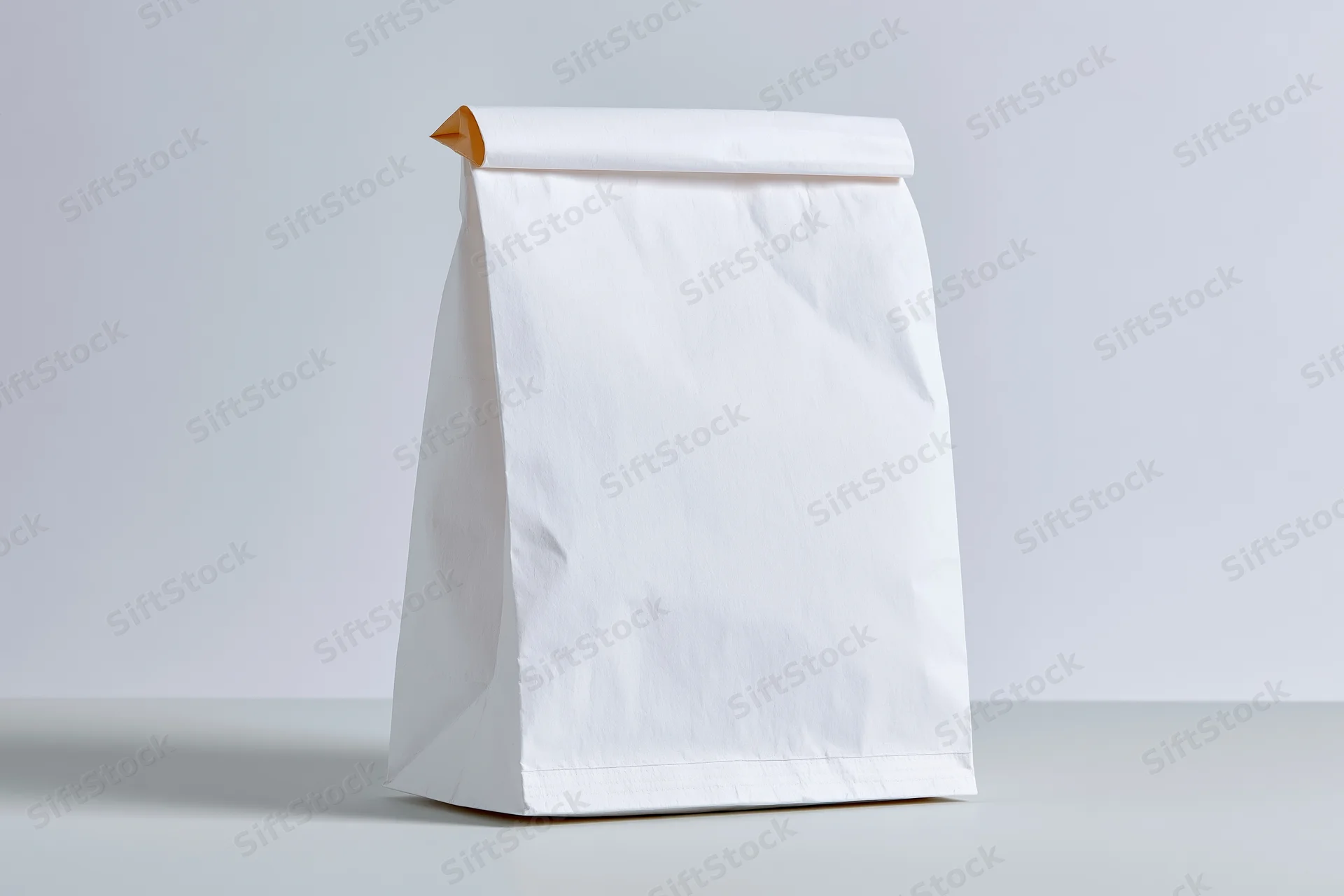 Plain white paper bag standing upright on a flat surface with copyspace for branding