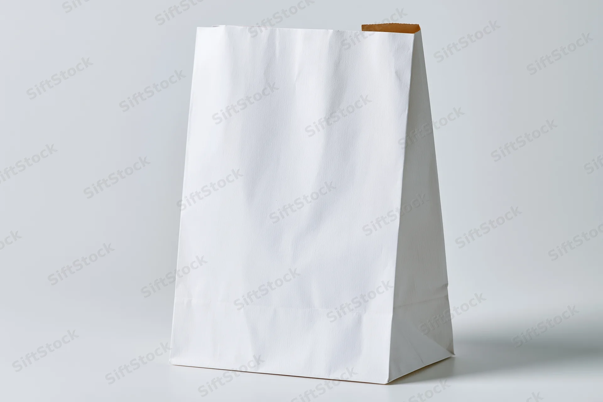 White paper bag standing upright on a plain surface with blank front for branding