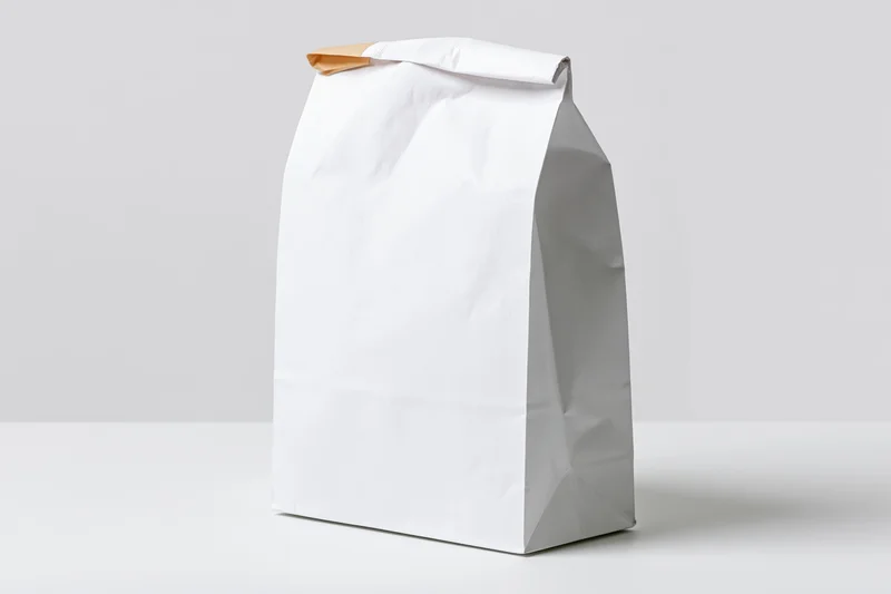 White paper bag standing upright on a white surface with copyspace for branding