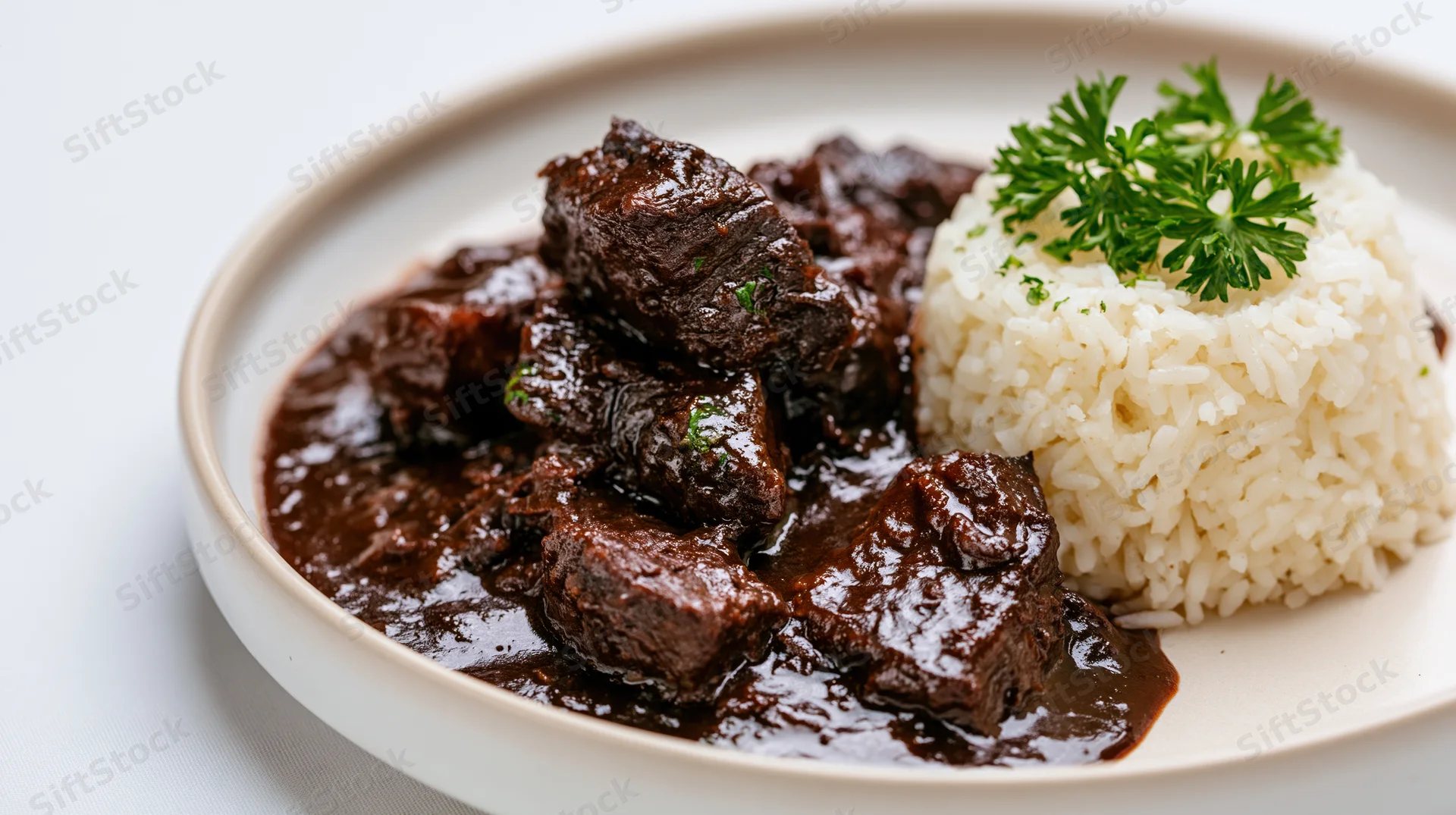 Braised beef stew with dark rich sauce and white rice on a plate