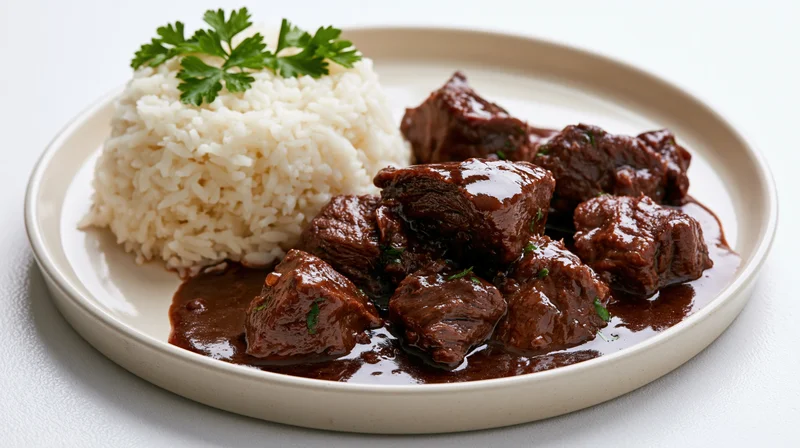 Braised beef stew with dark rich sauce and white rice on a plate, garnished with parsley, studio shot