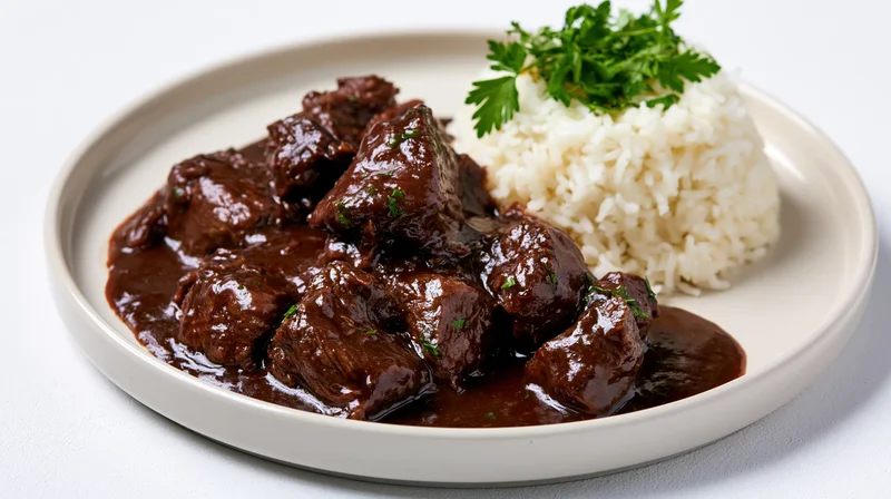 Braised beef stew with dark rich sauce and white rice on a plate