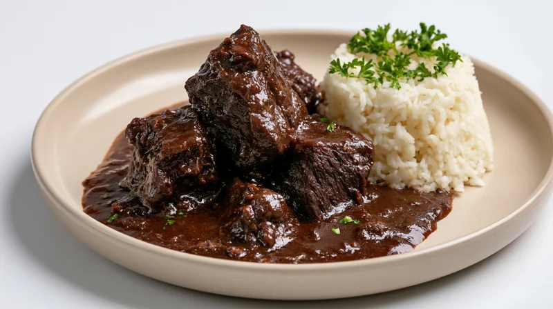 Braised beef stew with dark rich sauce and white rice on a beige plate