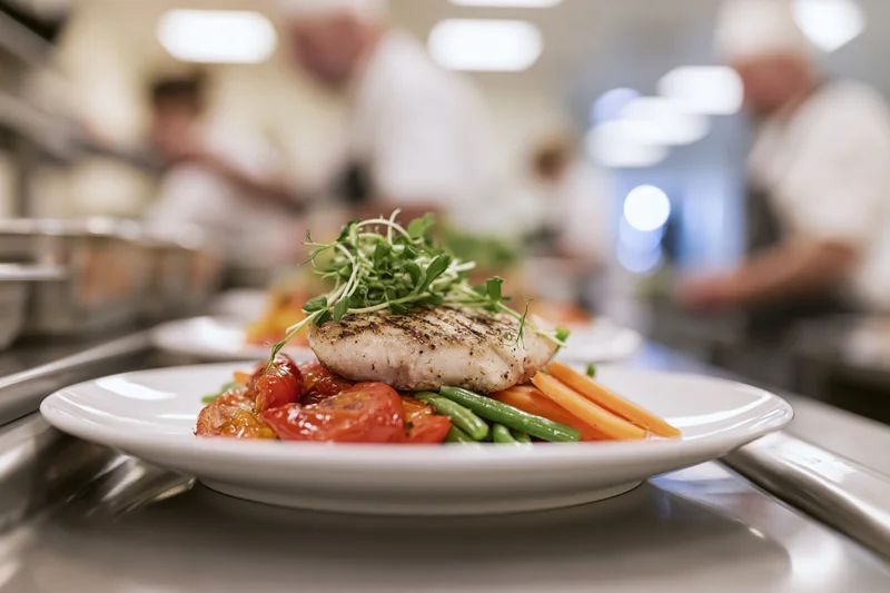 Grilled fish fillet topped with microgreens on a white plate in a restaurant kitchen with chefs working in the background