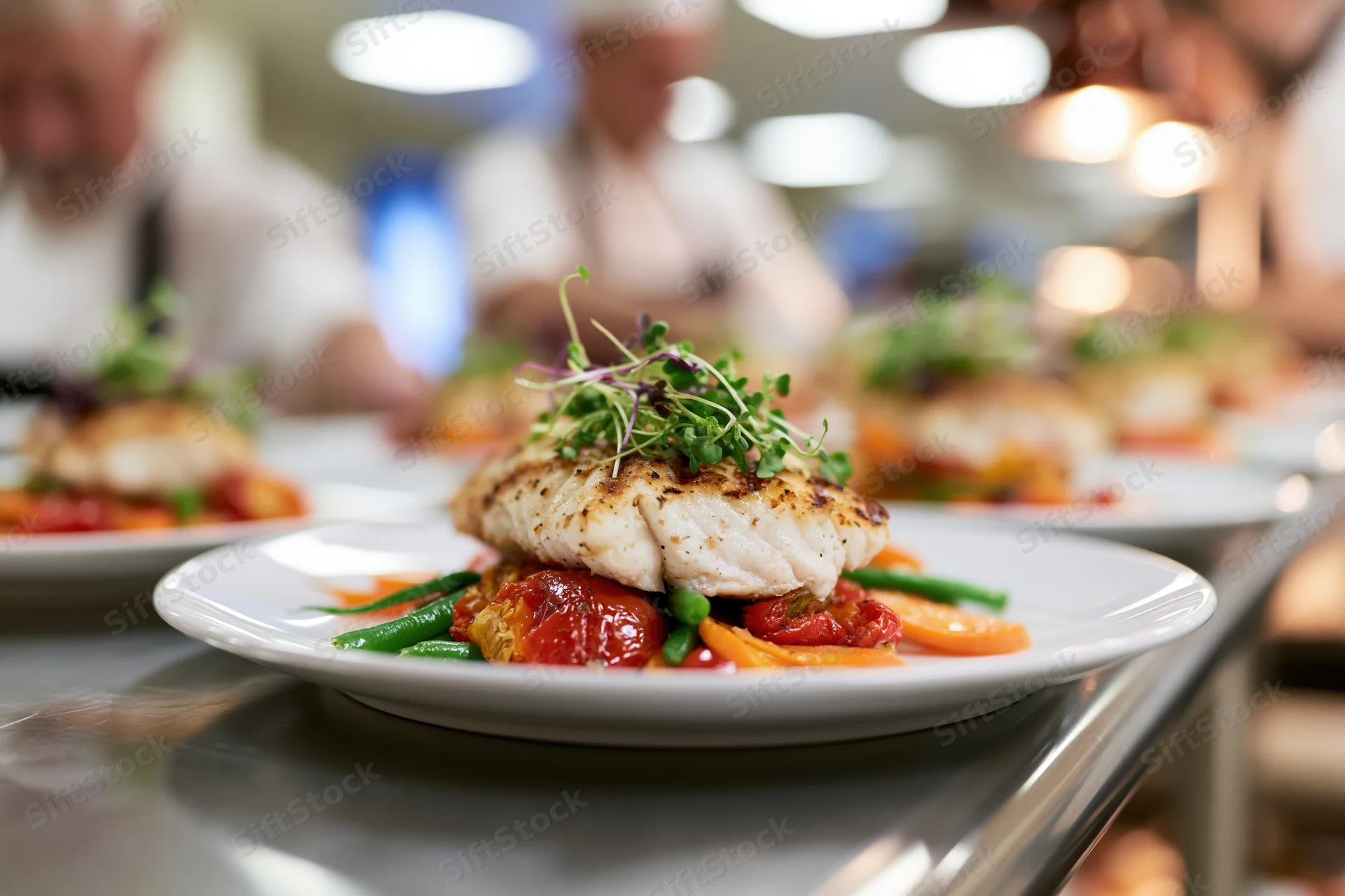 Grilled fish fillet topped with microgreens on a white plate with vegetables in a restaurant kitchen