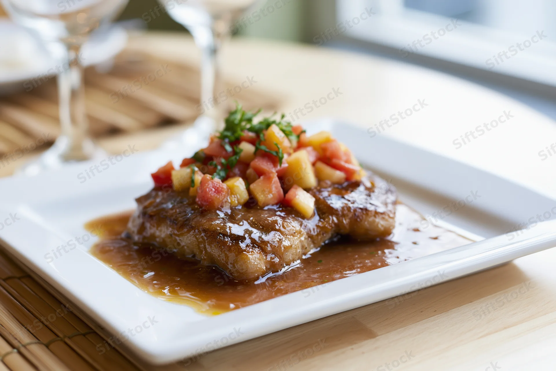 Seared steak with pineapple tomato garnish and sauce on a white square plate at a restaurant table